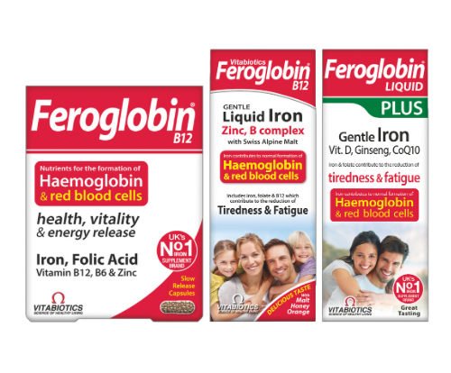 Feroglobin range of iron supplements by Vitabiotics supporting normal blood formation, energy release and reduced tiredness
