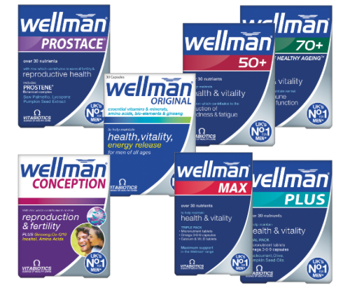 Wellman range of men’s health supplements by Vitabiotics supporting energy, immunity and vitality
