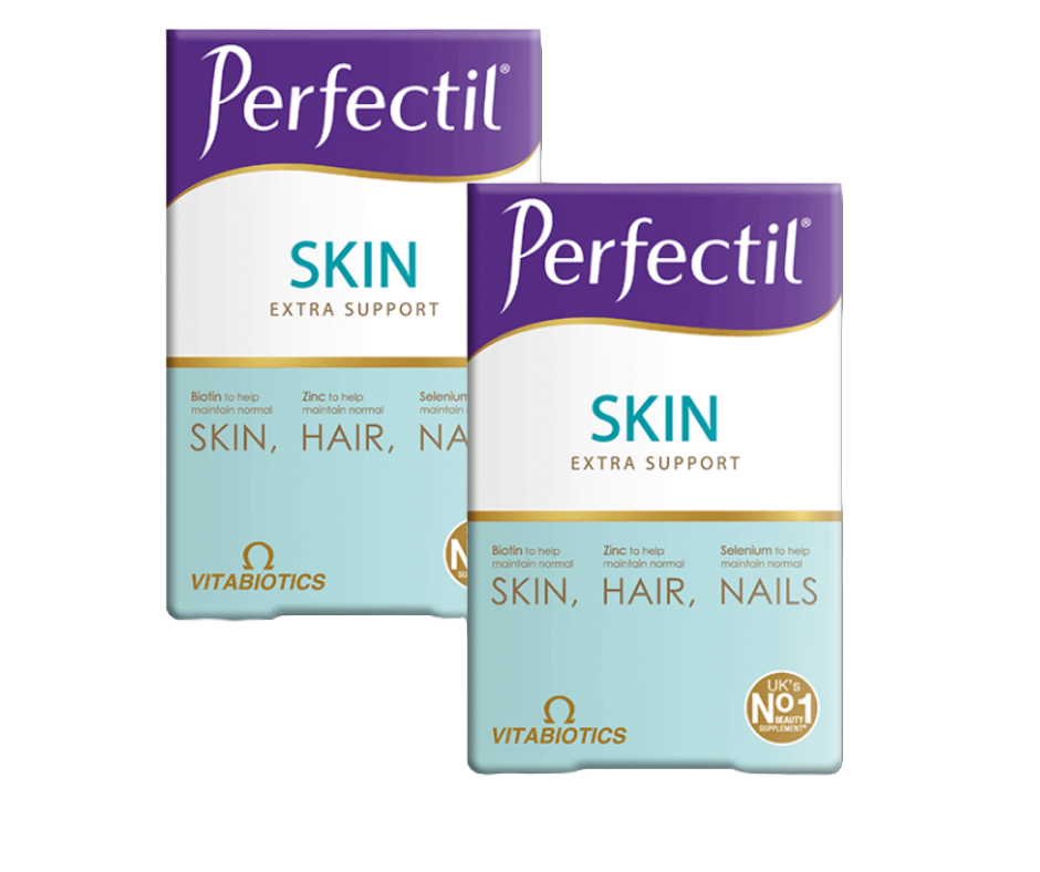 Perfectil Skin BOGOF Promotional image of Perfectil Skin Plus highlighting a Buy One Get One Free (BOGOF) offer, featuring two packs to support skin radiance, hair strength, and nail health