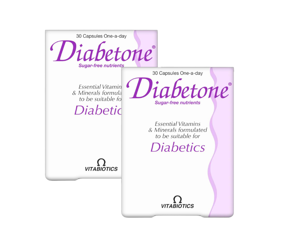 Diabetone BOGOF Promotional image of Diabetone highlighting a Buy One Get One Free (BOGOF) offer, featuring two packs designed to support daily nutritional needs and balanced wellbeing.