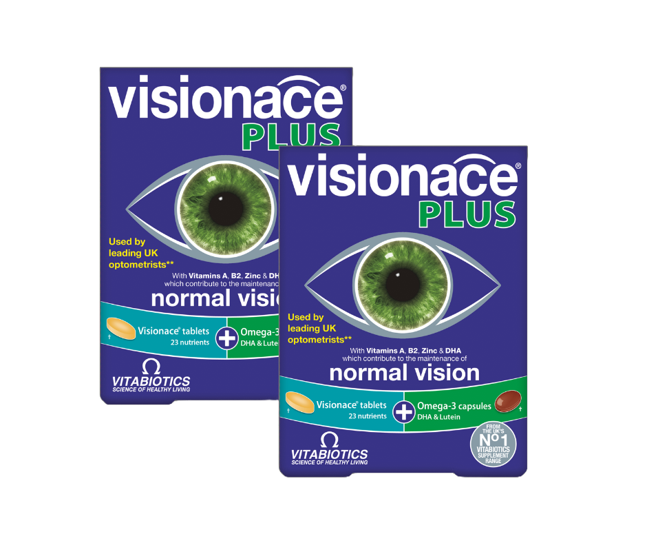Visionace Plus BOGOF Promotional image of Visionace Plus highlighting a Buy One Get One Free (BOGOF) offer, featuring two packs supporting eye health and vision care with advanced nutrients including Omega-3.